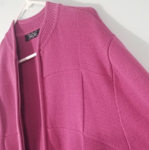 Crystal Kobe Full Zip Cardigan Sweater. Pink Color Block. Ribbed Collar. Size L. - Picture 3 of 8